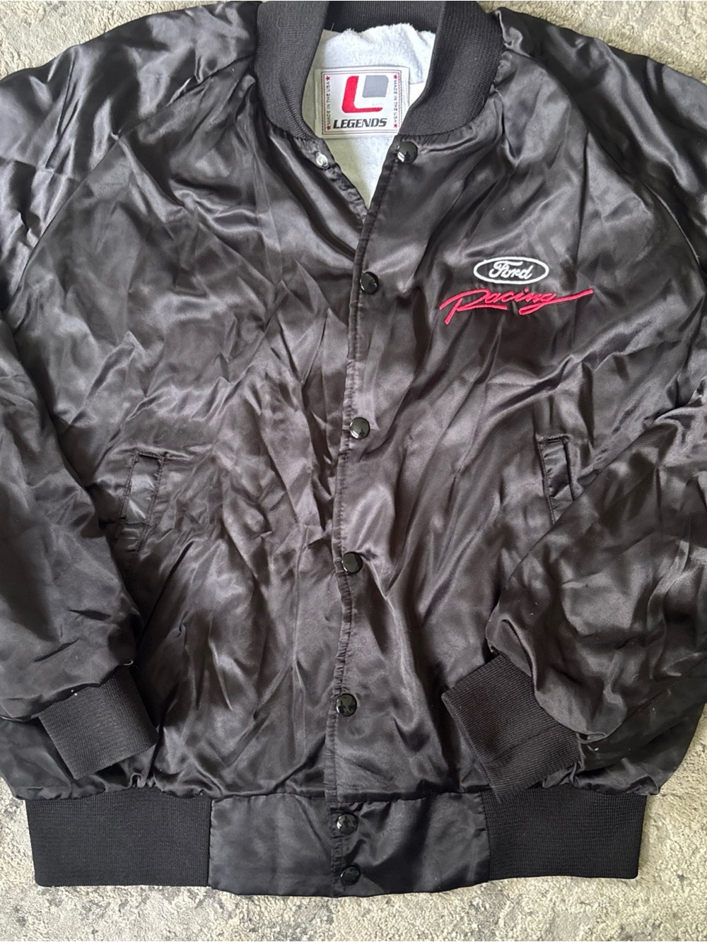 VTG Ford Black Satin Bomber Jacket with Red Script Logo
